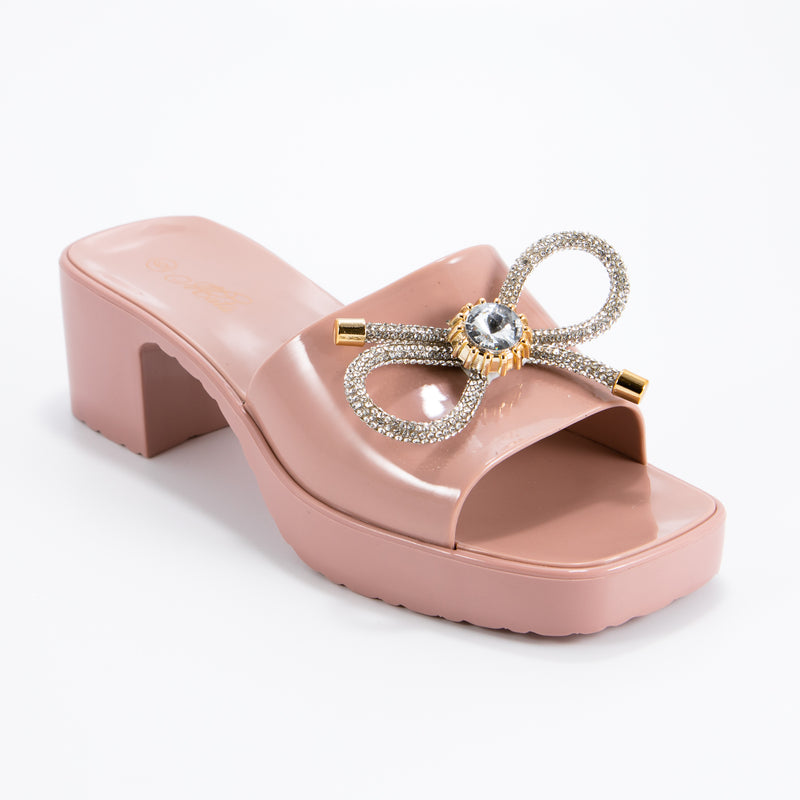 Women Glitter Bow Tie Block Heel Jelly Sandals