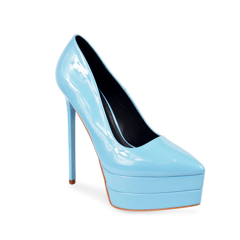 Blue Double Platform Pointed Patent Pump