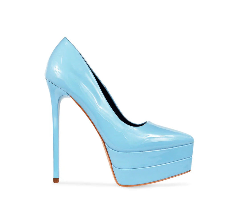 Blue Double Platform Pointed Patent Pump