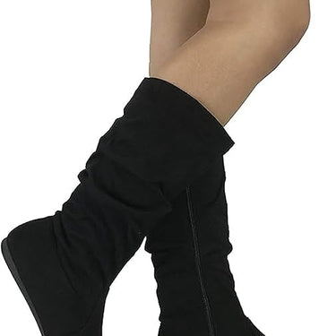 Womens Suede Round Toe Slouch Comfy Flat Mid Calf Tall Boots