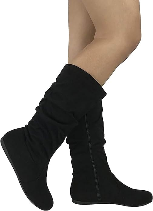 Womens Suede Round Toe Slouch Comfy Flat Mid Calf Tall Boots