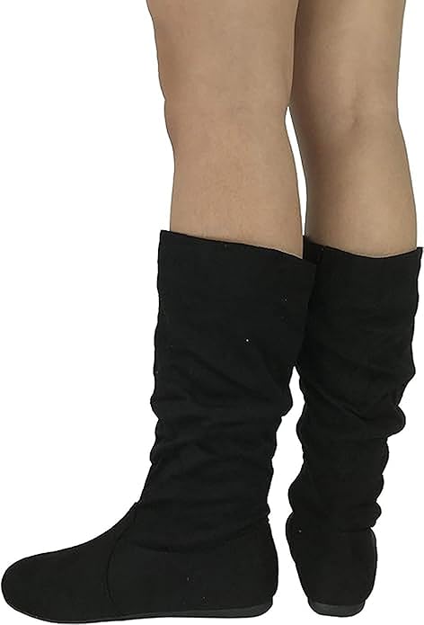 Womens Suede Round Toe Slouch Comfy Flat Mid Calf Tall Boots