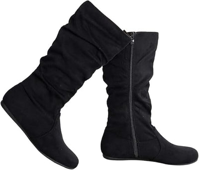 Womens Suede Round Toe Slouch Comfy Flat Mid Calf Tall Boots