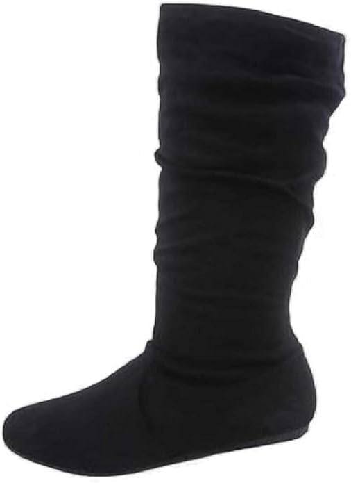 Womens Suede Round Toe Slouch Comfy Flat Mid Calf Tall Boots