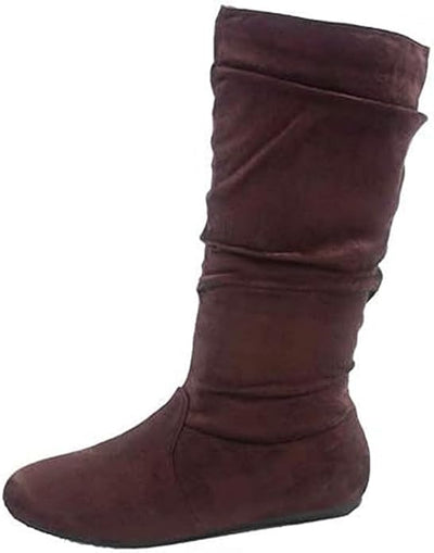 Womens Suede Round Toe Slouch Comfy Flat Mid Calf Tall Boots