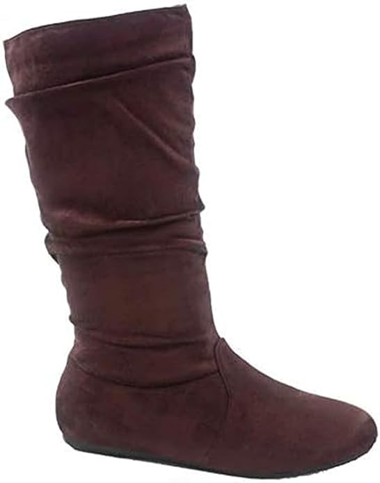 Womens Suede Round Toe Slouch Comfy Flat Mid Calf Tall Boots