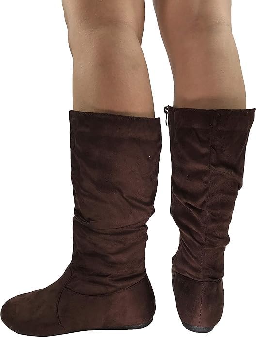 Womens Suede Round Toe Slouch Comfy Flat Mid Calf Tall Boots