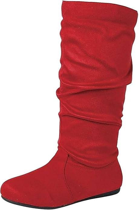 Womens Suede Round Toe Slouch Comfy Flat Mid Calf Tall Boots