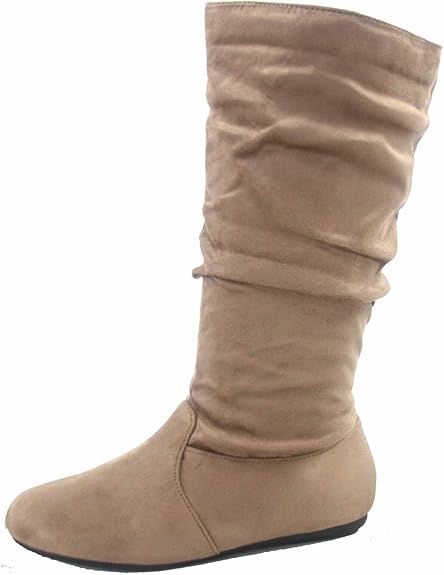 Womens Suede Round Toe Slouch Comfy Flat Mid Calf Tall Boots