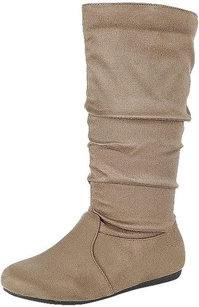 Womens Suede Round Toe Slouch Comfy Flat Mid Calf Tall Boots