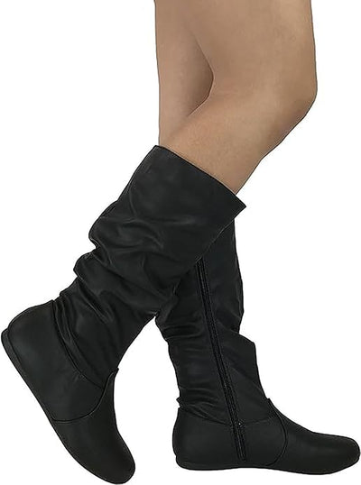 Winter Riding Slouch Comfy Flat Mid Calf Boots Pu Leather