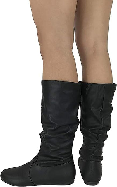 Winter Riding Slouch Comfy Flat Mid Calf Boots Pu Leather