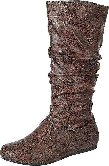 Winter Riding Slouch Comfy Flat Mid Calf Boots Pu Leather