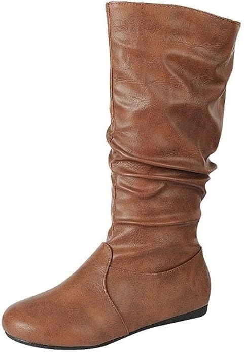 Winter Riding Slouch Comfy Flat Mid Calf Boots Pu Leather