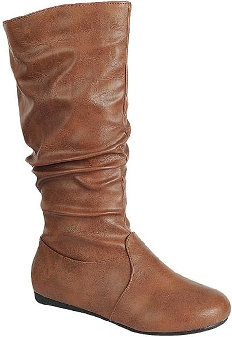 Winter Riding Slouch Comfy Flat Mid Calf Boots Pu Leather