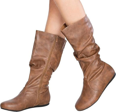 Winter Riding Slouch Comfy Flat Mid Calf Boots Pu Leather