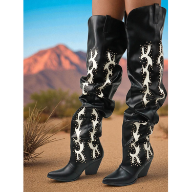 Over the Knee Thigh High Cowboy Boots for Women Studded Slouch Cowgirl Boot