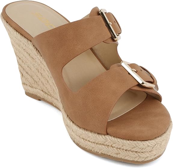 Double Strap Wedge Sandal with Buckle Closures