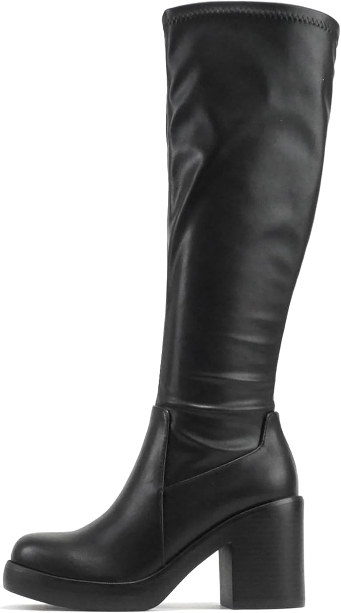 Women Pu Leather Knee High Chunky Block Heel Platform Boots