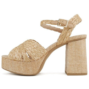 Women's Raffia Braided Platform Sandals – Chunky Block Heel Open Toe Summer Dress Shoes