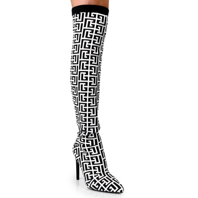 Over The Knee Pointed Toe Pattern Print Boots