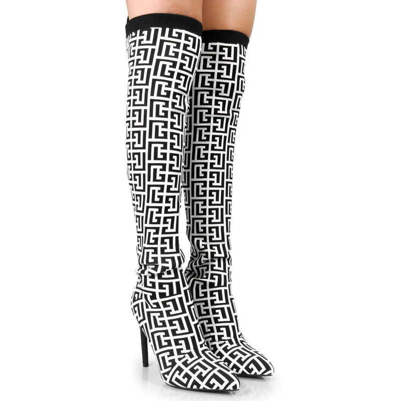 Over The Knee Pointed Toe Pattern Print Boots