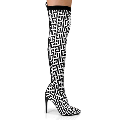 Over The Knee Pointed Toe Pattern Print Boots