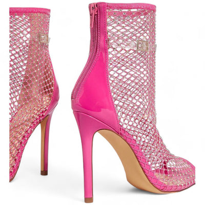 Funky Hot Pink Mesh Ankle Boots For Spring And Summer, Woman Shoes Rhinestone Decor Zip Back Stiletto Heeled Sandal Boots,