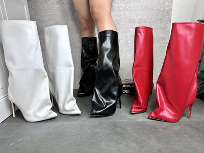 Women's Fold Over High Heel Pointed Toe Slouchy Boots Red