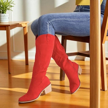 Women’s Knee-High Cowboy Boots – Western Style with Pointed Toe, Block Heel & Easy Side Zipper