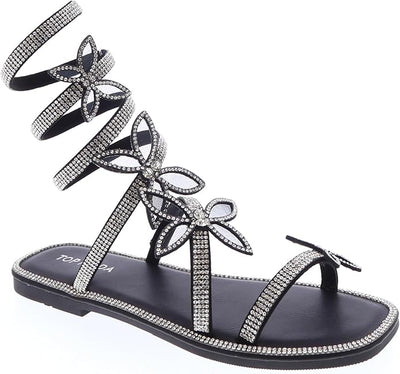 Women Butterfly Rhinestone Wrap-around Flat Sandals