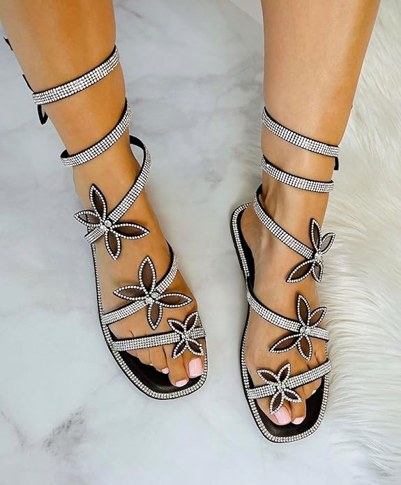 Women Butterfly Rhinestone Wrap-around Flat Sandals