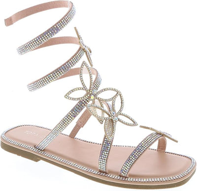 Women Butterfly Rhinestone Wrap-around Flat Sandals