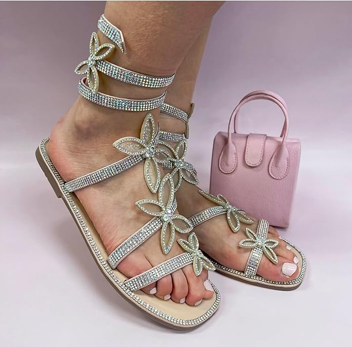 Women Butterfly Rhinestone Wrap-around Flat Sandals