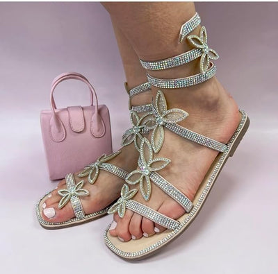 Women Butterfly Rhinestone Wrap-around Flat Sandals