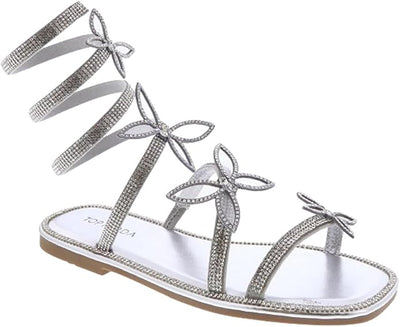 Women Butterfly Rhinestone Wrap-around Flat Sandals