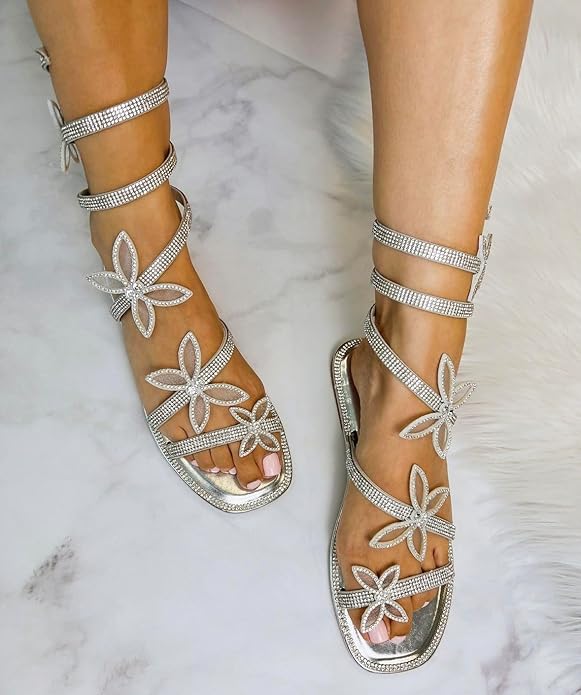 Women Butterfly Rhinestone Wrap-around Flat Sandals