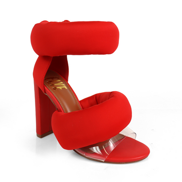 Block Heel Sandal with Dual Cloth Band Straps and Clear Toe Detail