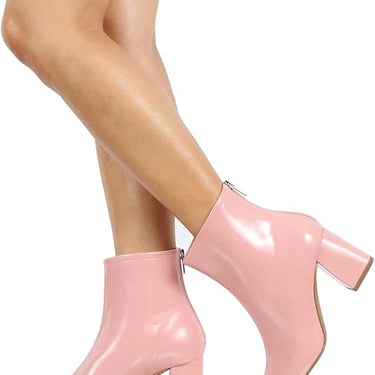 PInk Square Toe High Top Mid Block Heel Ankle Boot