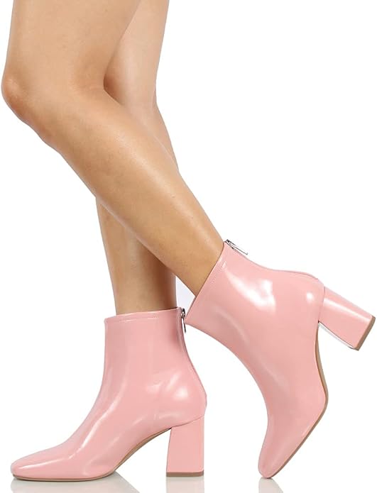 PInk Square Toe High Top Mid Block Heel Ankle Boot