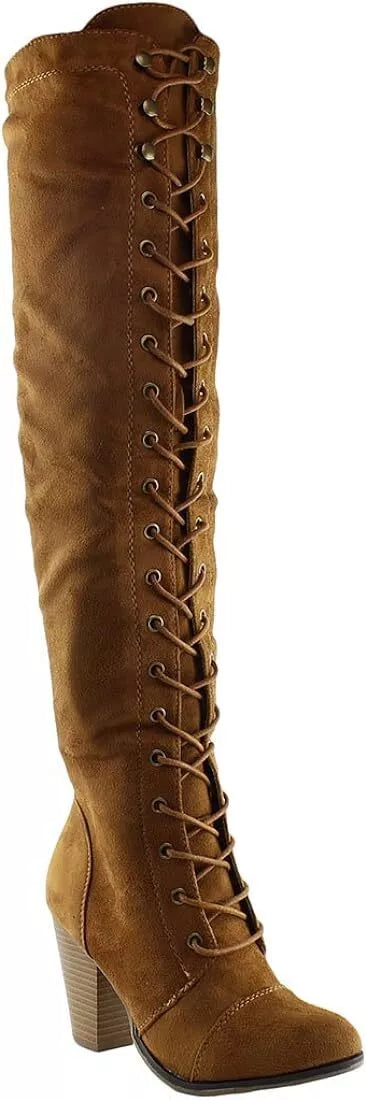 Women's Chunky Heel Lace Up Over The Knee Brown High Riding Boots Camila-47