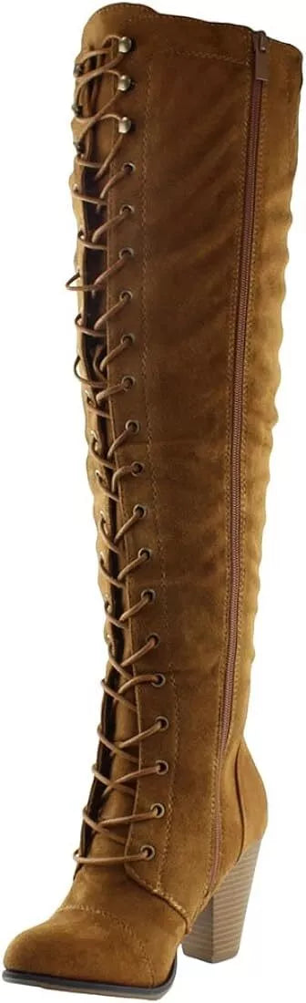 Women's Chunky Heel Lace Up Over The Knee Brown High Riding Boots Camila-47