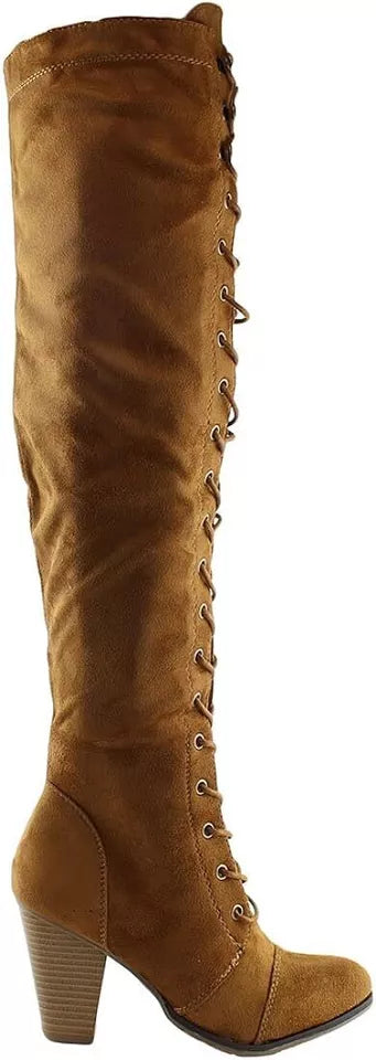 Women's Chunky Heel Lace Up Over The Knee Brown High Riding Boots Camila-47