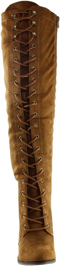 Women's Chunky Heel Lace Up Over The Knee Brown High Riding Boots Camila-47