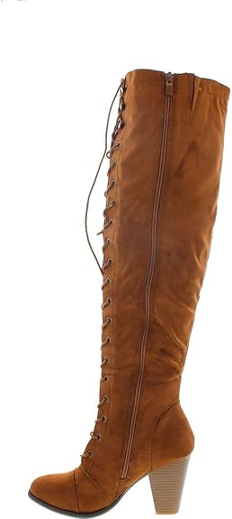 Women's Chunky Heel Lace Up Over The Knee Brown High Riding Boots Camila-47