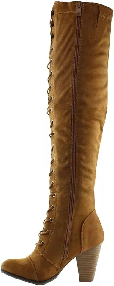 Women's Chunky Heel Lace Up Over The Knee Brown High Riding Boots Camila-47