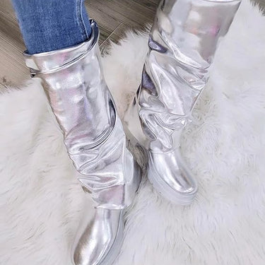 Women Fold Over Mid-calf Pull On Metallic Boots