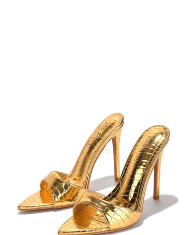 Cape Robbing Everything Print Metallic Stiletto Heels | Shoe Time