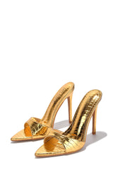 Cape Robbing Everything Print Metallic Stiletto Heels | Shoe Time