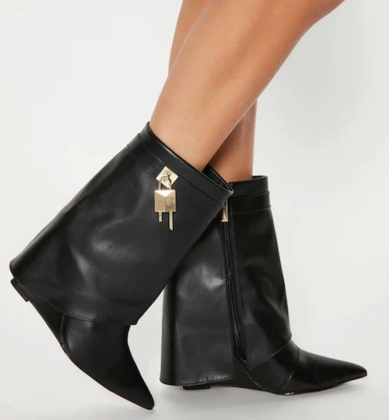 Fold Over Wedge Boots, Padlock Ankle Boots